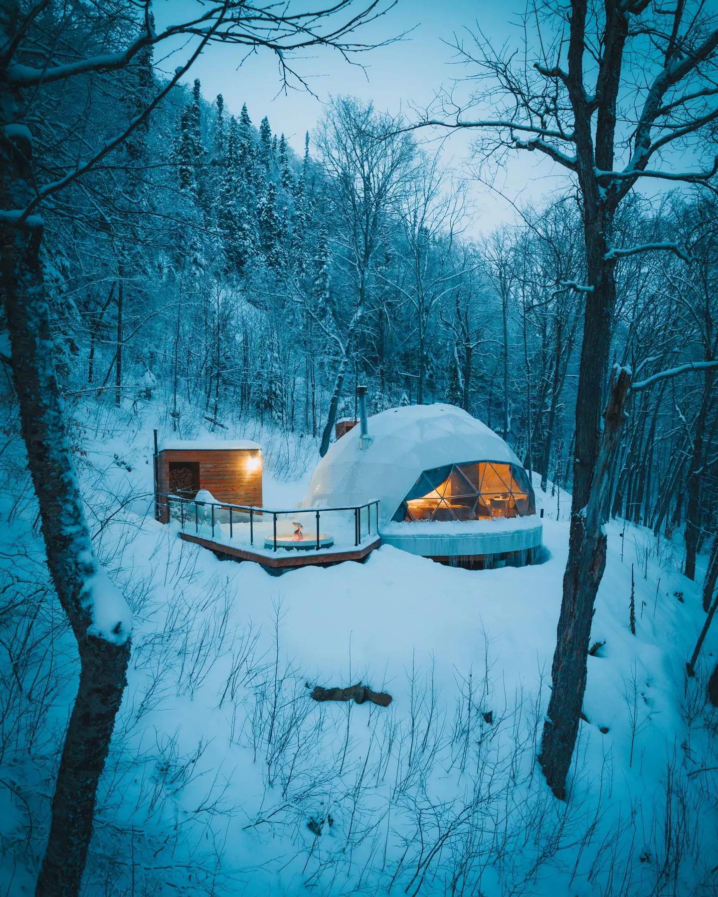 Un dôme dans la forêt enneigée
